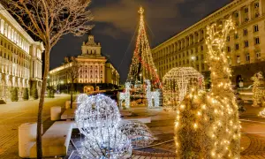 Świąteczne atrakcje Sofii: choinka, renifery i świetlne kule rozświetlają nocne miasto.