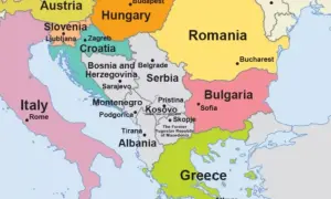 Mapa polityczna Europy Środkowo-Południowej. Widoczne kraje bałkańskie: Słowenia, Chorwacja, Bośnia i Hercegowina, Serbia, Czarnogóra, Kosowo, Albania, Macedonia Północna, Bułgaria, Grecja.