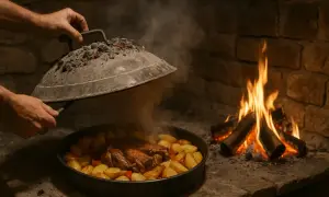 Ręce unoszą pokrywę z żarem, odsłaniając soczyste mięso i ziemniaki. Tradycyjna kuchnia bałkańska w ogniu.