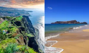 Dwa oblicza portugalskiej wyspy: zielone klify z tarasowymi uprawami i piaszczysta plaża z łagodnymi falami.