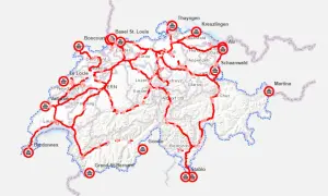 Mapa Szwajcarii z zaznaczonymi trasami przejazdu przez Szwajcarię, z nazwami miast i symbolami celnych punktów kontrolnych.