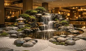 Wnętrze hotelu ze spa z wodospadem, kamieniami i latarenką. Relaksująca atmosfera sprzyja wyciszeniu.