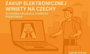 Kupuj wygodnie winiety Czechy i Austria online. Laptop pokazuje autostradę, a podróżnik z walizką i plecakiem jest gotowy do drogi.