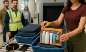 Kobieta wyjmuje z torby kosmetyczkę z płynami, przygotowując się do kontroli bezpieczeństwa na lotnisku. Pusty bidon do samolotu jest dozwolony.