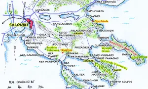 Mapa półwyspu Chalkidiki z zaznaczonymi miastami i drogami. Zobacz Saloniki, Olynthos, Sithonię i inne miejsca.