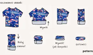 Instrukcja rolowania ubrań, by spakować je do samolotu. Zwiń ciasno, by zaoszczędzić miejsce.