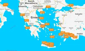 Grecja pogoda wrzesień: temperatury od 19°C do 25°C na mapie z zaznaczonymi miastami i wartościami termometrów.