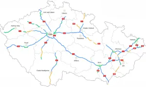 Mapa Czech z zaznaczonymi drogami, na które obowiązują winiety. Widoczne autostrady i drogi ekspresowe łączą główne miasta.