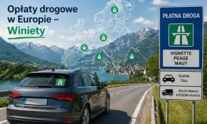 Winiety Europa: mapa z zaznaczonymi punktami opłat drogowych, samochód z naklejką, znak "Płatna droga".