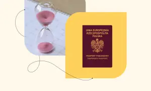 Klepsydra i paszport tymczasowy symbolizują, ile trwa wyrobienie paszportu tymczasowego.
