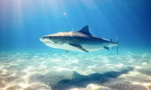 Woda na Zakynthos jest krystalicznie czysta, ale czy na zakynthos są rekiny? Ten tygrysi rekin pływa w płytkich, piaszczystych wodach.
