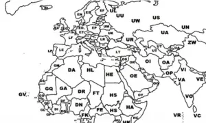 Mapa świata z zaznaczonymi regionami i ich kodami, które mogą odpowiadać kodom lotnisk.