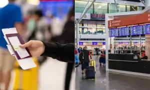 Ręka trzyma paszport i kartę pokładową, gotowa do check-in na lotnisku. W tle widać tablicę odlotów i innych podróżnych.