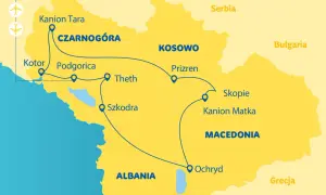 Mapa pokazuje, z kim graniczy Albania: Czarnogóra, Kosowo, Macedonia i Grecja.