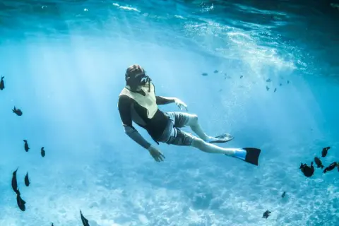 Mężczyzna w masce i płetwach pływa wśród ławicy ryb podczas snorkelingu w Chorwacji.