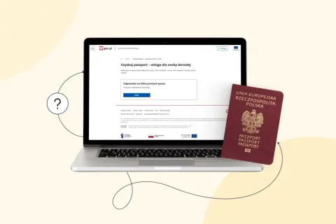 Czy można wyrobić paszport online? Na laptopie widać stronę gov.pl z informacją o uzyskaniu paszportu. Obok leży czerwony paszport.