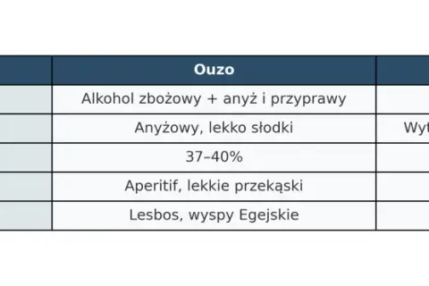 Tabela porównuje Ouzo i Tsipouro: tsipouro co to? Destylat z wytłoków winogron, wytrawny, mocniejszy, do posiłku.