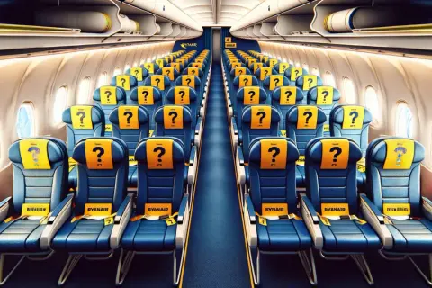 Puste miejsca w samolocie Ryanair, z żółtymi zagłówkami i znakami zapytania. Czekają na pasażerów.