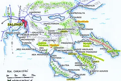 Mapa półwyspu Chalkidiki z zaznaczonymi miastami i drogami. Zobacz Saloniki, Olynthos, Sithonię i inne miejsca.