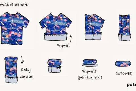 Instrukcja rolowania ubrań, by spakować je do samolotu. Zwiń ciasno, by zaoszczędzić miejsce.