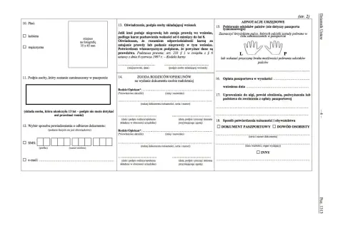 Formularz wniosku o paszport. Sekcja 10: Płeć, 11: Podpis osoby, która zostanie zamieszczony w paszporcie, 12: Wybór sposobu powiadomienia o odbiorze dokumentu.