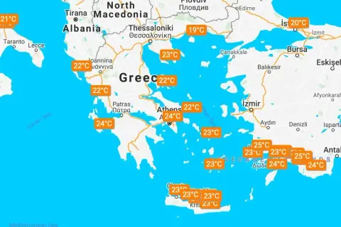 Grecja pogoda wrzesień: temperatury od 19°C do 25°C na mapie z zaznaczonymi miastami i wartościami termometrów.