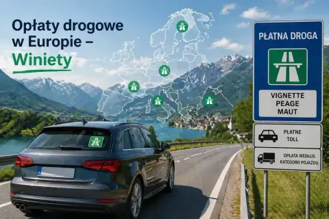 Winiety Europa: mapa z zaznaczonymi punktami opłat drogowych, samochód z naklejką, znak "Płatna droga".