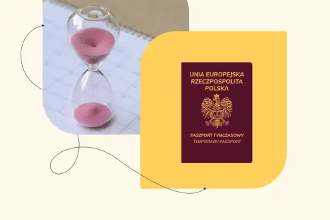 Klepsydra i paszport tymczasowy symbolizują, ile trwa wyrobienie paszportu tymczasowego.