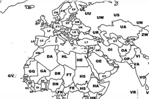 Mapa świata z zaznaczonymi regionami i ich kodami, które mogą odpowiadać kodom lotnisk.