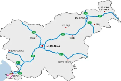 Mapa Słowenii z zaznaczonymi autostradami A1, A2, A3, A4, A5. Widoczne główne miasta: Lublana, Maribor, Celje, Kranj, Koper, Nova Gorica, Novo Mesto, Velenje, Ptuj, Murska Sobota.