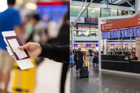 Ręka trzyma paszport i kartę pokładową, gotowa do check-in na lotnisku. W tle widać tablicę odlotów i innych podróżnych.
