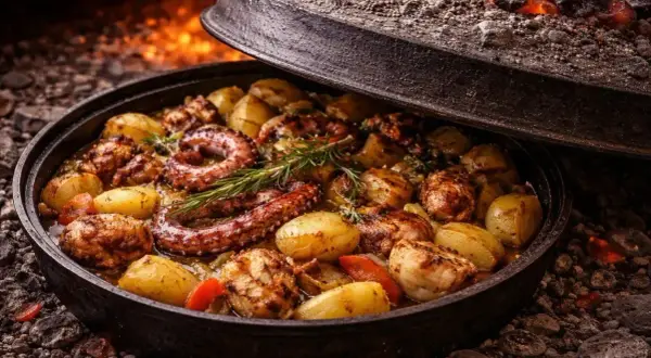 Ośmiornica z ziemniakami i rozmarynem, pieczona pod żelazną pokrywą. To jedno z dań, co się je w Chorwacji, przygotowane tradycyjnie na ogniu.