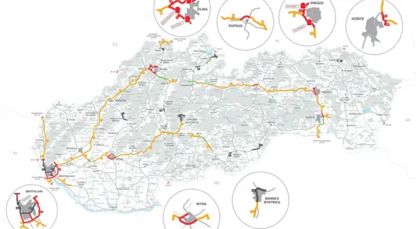 Mapa Słowacji z zaznaczonymi drogami i miastami. Winiety drogowe są kluczowe dla podróżowania po Słowacji.