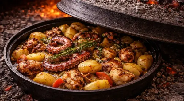 Pachnące chorwackie przysmaki: ośmiornica z ziemniakami i rozmarynem, gotowane w żeliwnym naczyniu nad żarem.