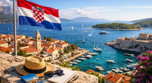 Chorwacka flaga powiewa nad urokliwym miasteczkiem z widokiem na turkusowe morze. Idealne miejsce na wakacje, by powiedzieć "na zdrowie po chorwacku".