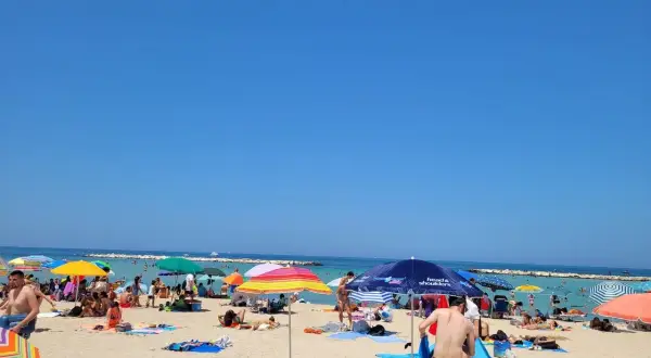 Słoneczne **bari plaże** tętnią życiem. Ludzie opalają się pod kolorowymi parasolami, kąpią w morzu i odpoczywają na piasku.