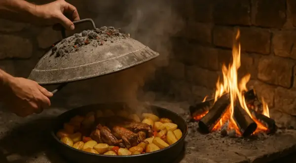 Ręce unoszą pokrywę z żarem, odsłaniając soczyste mięso i ziemniaki. Tradycyjna kuchnia bałkańska w ogniu.