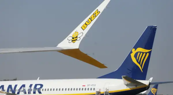 Samolot Buzz z pszczółką i samolot Ryanair. Lot rejsowy a czarterowy - oba lecą.