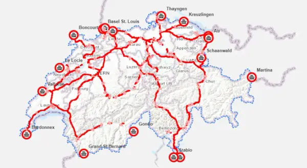 Mapa Szwajcarii z zaznaczonymi trasami przejazdu przez Szwajcarię, z nazwami miast i symbolami celnych punktów kontrolnych.