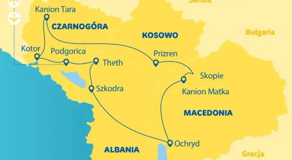 Mapa z trasą podróży po Bałkanach: Czarnogóra, Kosowo, Macedonia. Idealne miejsce, gdzie na majówkę wybrać się po przygodę!