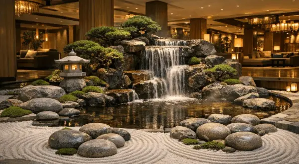Wnętrze hotelu ze spa z wodospadem, kamieniami i latarenką. Relaksująca atmosfera sprzyja wyciszeniu.