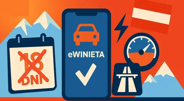 Cyfrowa winieta na Słowację i Węgry. Aplikacja eWinieta z zaznaczonym autem i potwierdzeniem. Kalendarz z przekreślonymi dniami.