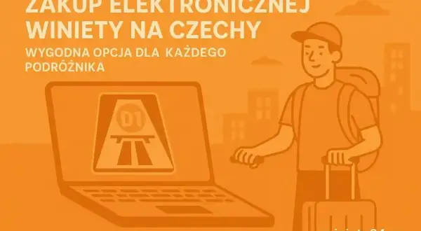 Kupuj wygodnie winiety Czechy i Austria online. Laptop pokazuje autostradę, a podróżnik z walizką i plecakiem jest gotowy do drogi.