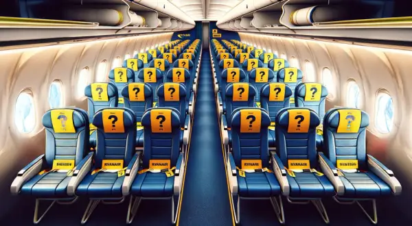 Puste miejsca w samolocie Ryanair, z żółtymi zagłówkami i znakami zapytania. Czekają na pasażerów.