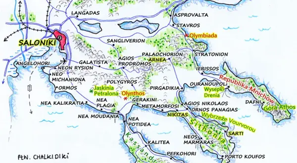 Mapa półwyspu Chalkidiki z zaznaczonymi miastami i drogami. Zobacz Saloniki, Olynthos, Sithonię i inne miejsca.