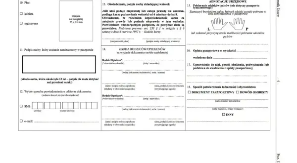 Formularz wniosku o paszport. Sekcja 10: Płeć, 11: Podpis osoby, która zostanie zamieszczony w paszporcie, 12: Wybór sposobu powiadomienia o odbiorze dokumentu.
