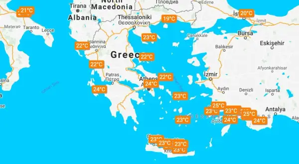 Grecja pogoda wrzesień: temperatury od 19°C do 25°C na mapie z zaznaczonymi miastami i wartościami termometrów.