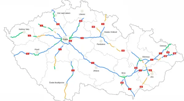 Mapa Czech z zaznaczonymi drogami, na które obowiązują winiety. Widoczne autostrady i drogi ekspresowe łączą główne miasta.