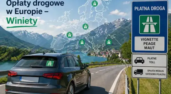 Winiety Europa: mapa z zaznaczonymi punktami opłat drogowych, samochód z naklejką, znak "Płatna droga".