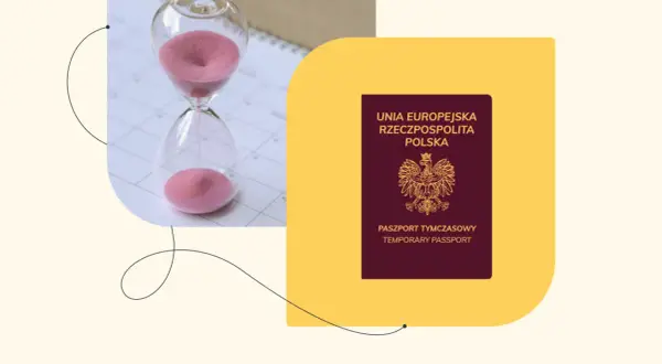 Klepsydra i paszport tymczasowy symbolizują, ile trwa wyrobienie paszportu tymczasowego.